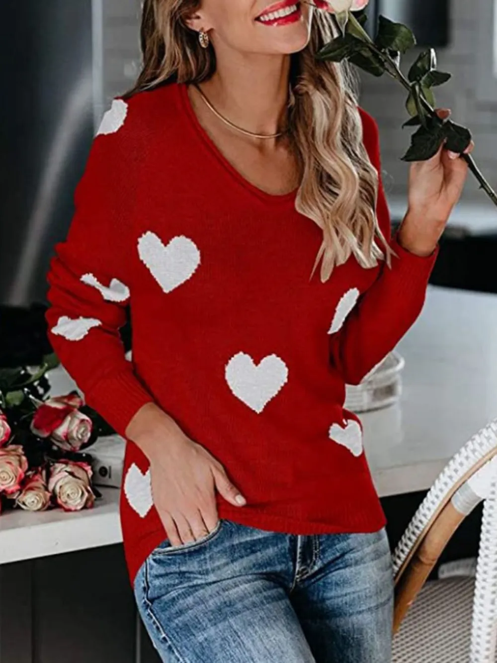 Heart Scoop Neck Long Sleeve Sweater, image 5