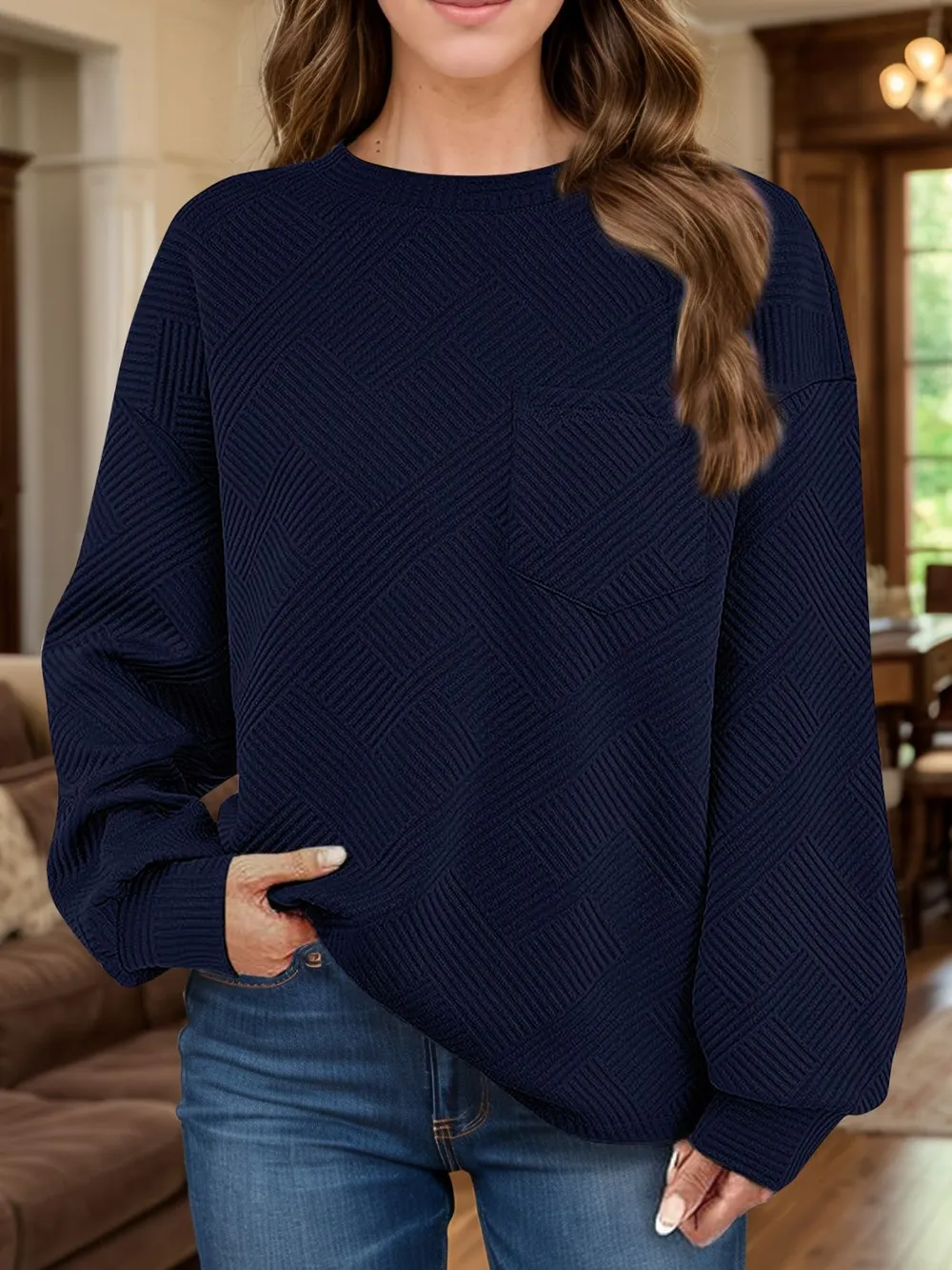 Full Size Texture Round Neck Long Sleeve Sweatshirt, image 18