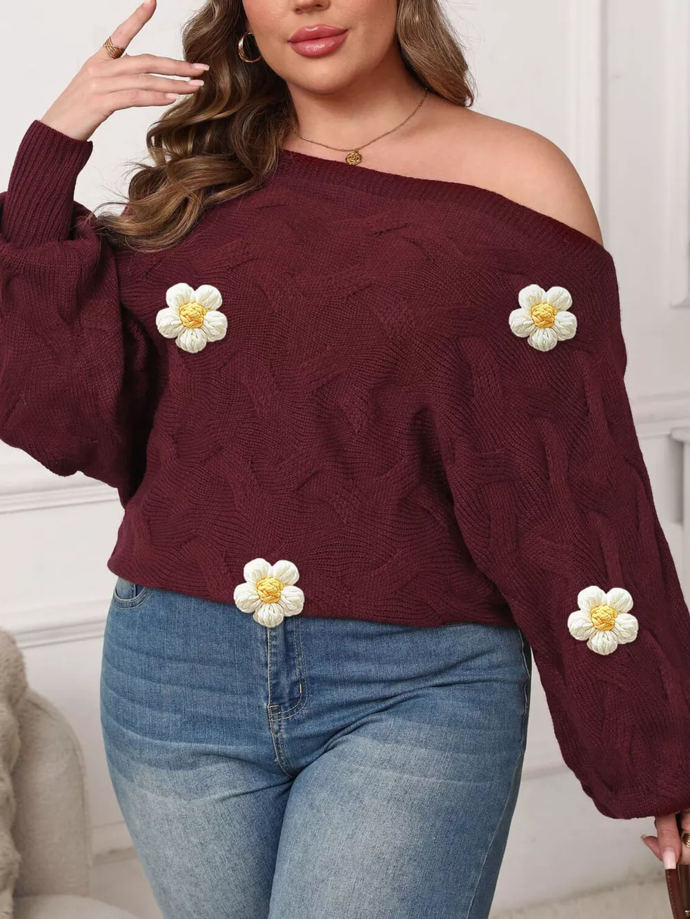 Plus Size One-Shoulder Floral Applique Sweater, image 4