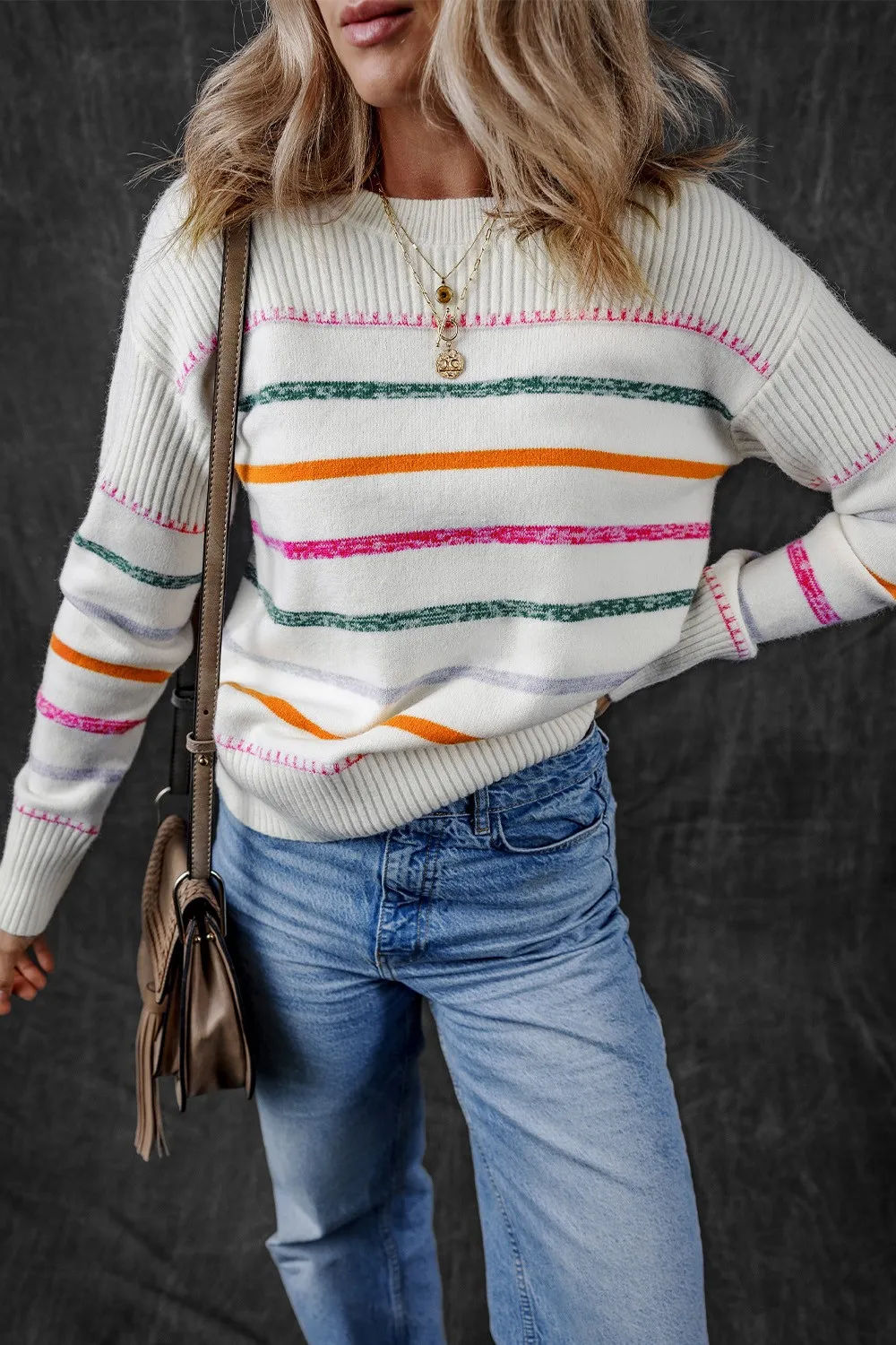 Striped Round Neck Dropped Shoulder Sweater, image 5