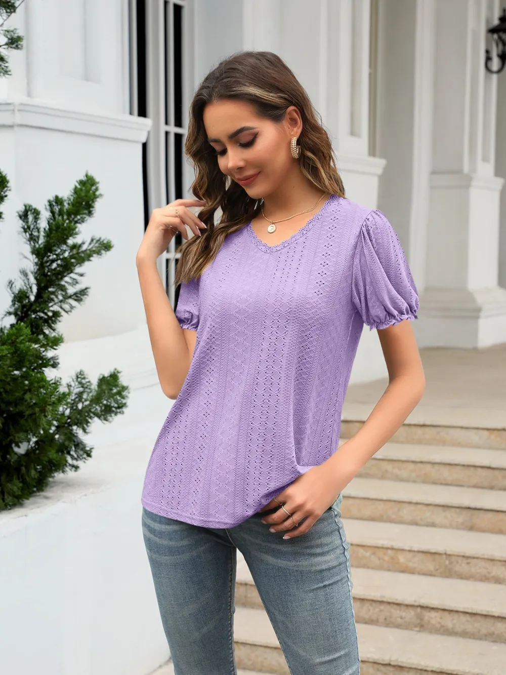 Eyelet Round Neck Short Sleeve Blouse, image 19