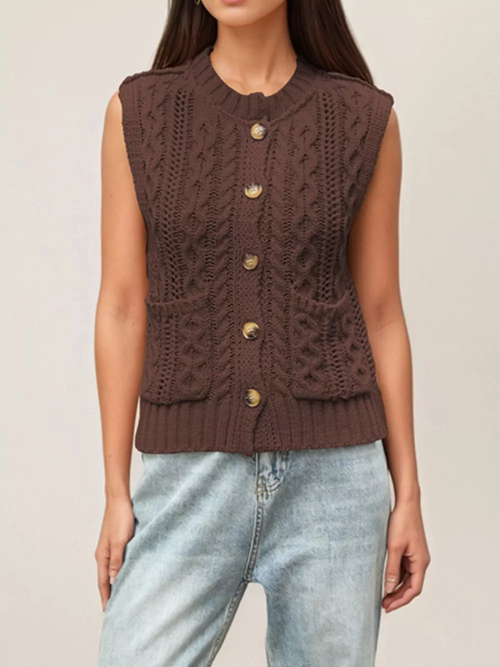 Cable-Knit Button-Down Sweater Vest, image 8