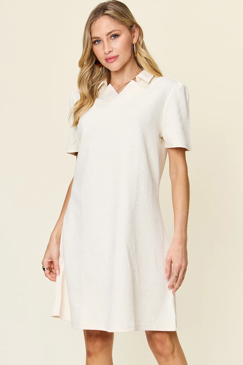 Full Size Texture Collared Neck Short Sleeve Dress, image 5