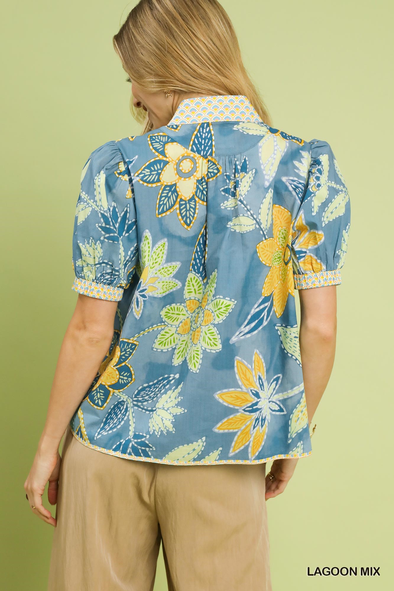 Mixed Abstract Print Puff Sleeve Blouse, image 2