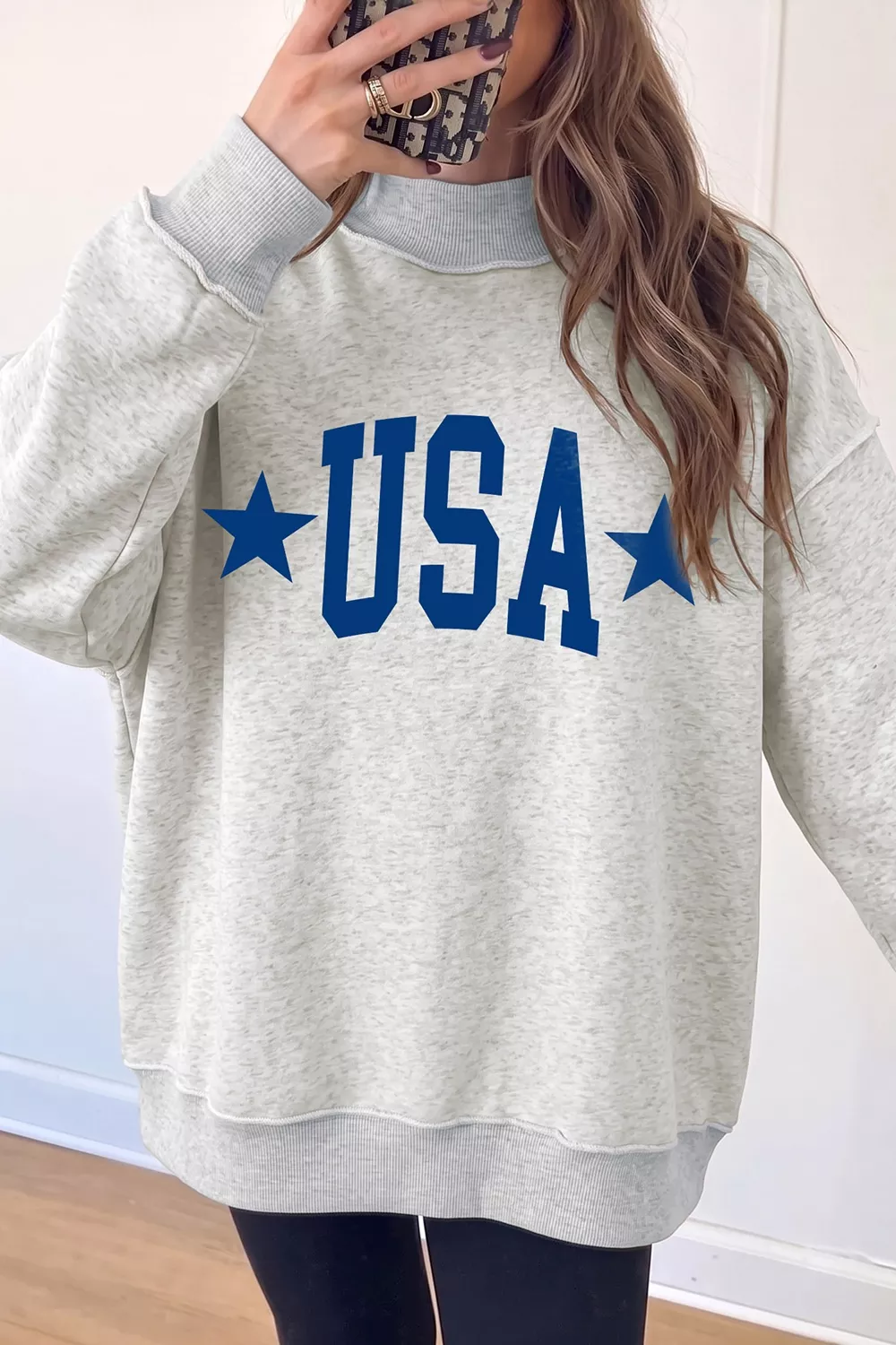 Mock Neck USA Slogan Graphic Sweatshirt