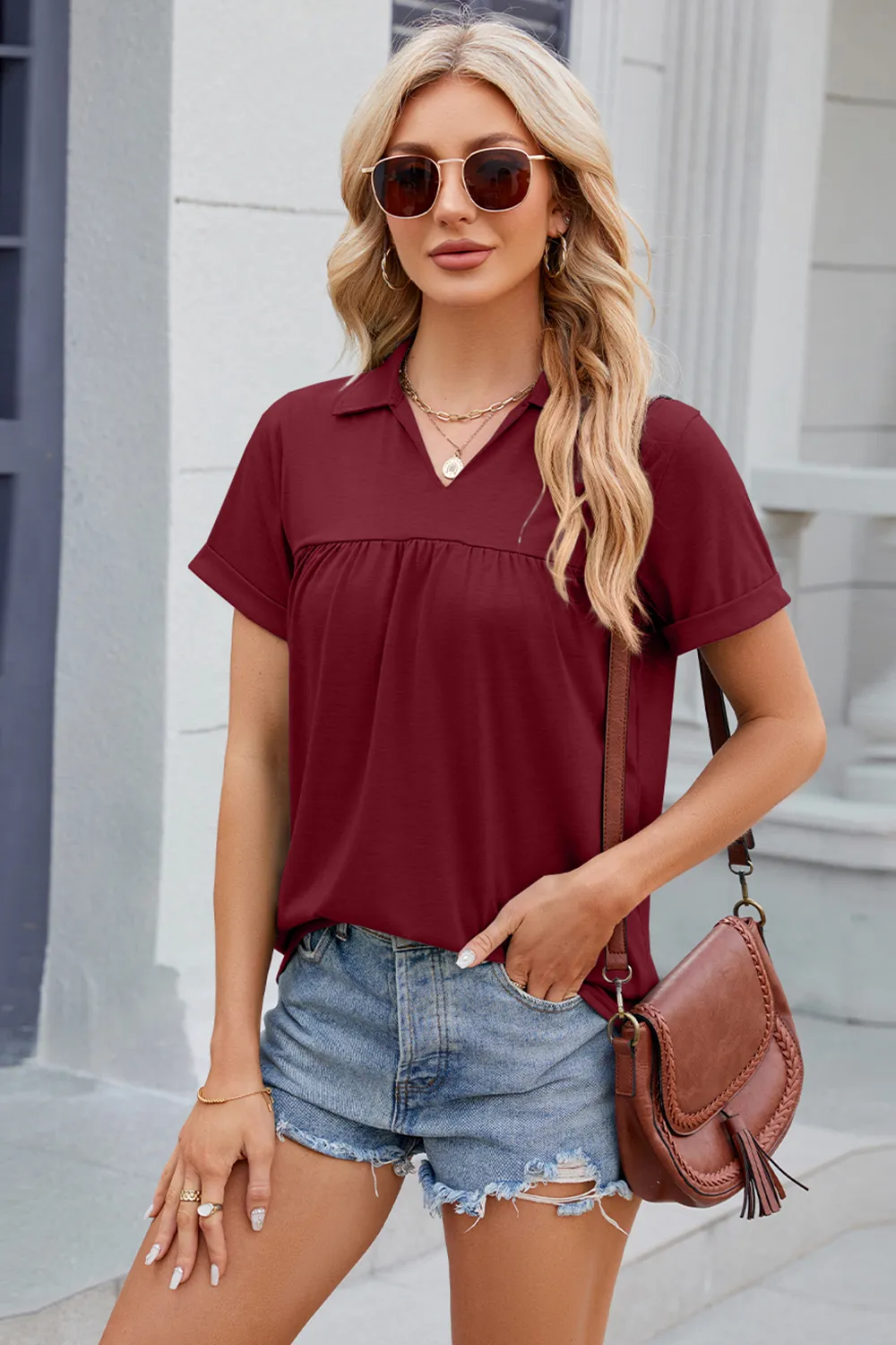 Ruched Johnny Collar Short Sleeve Blouse, image 5