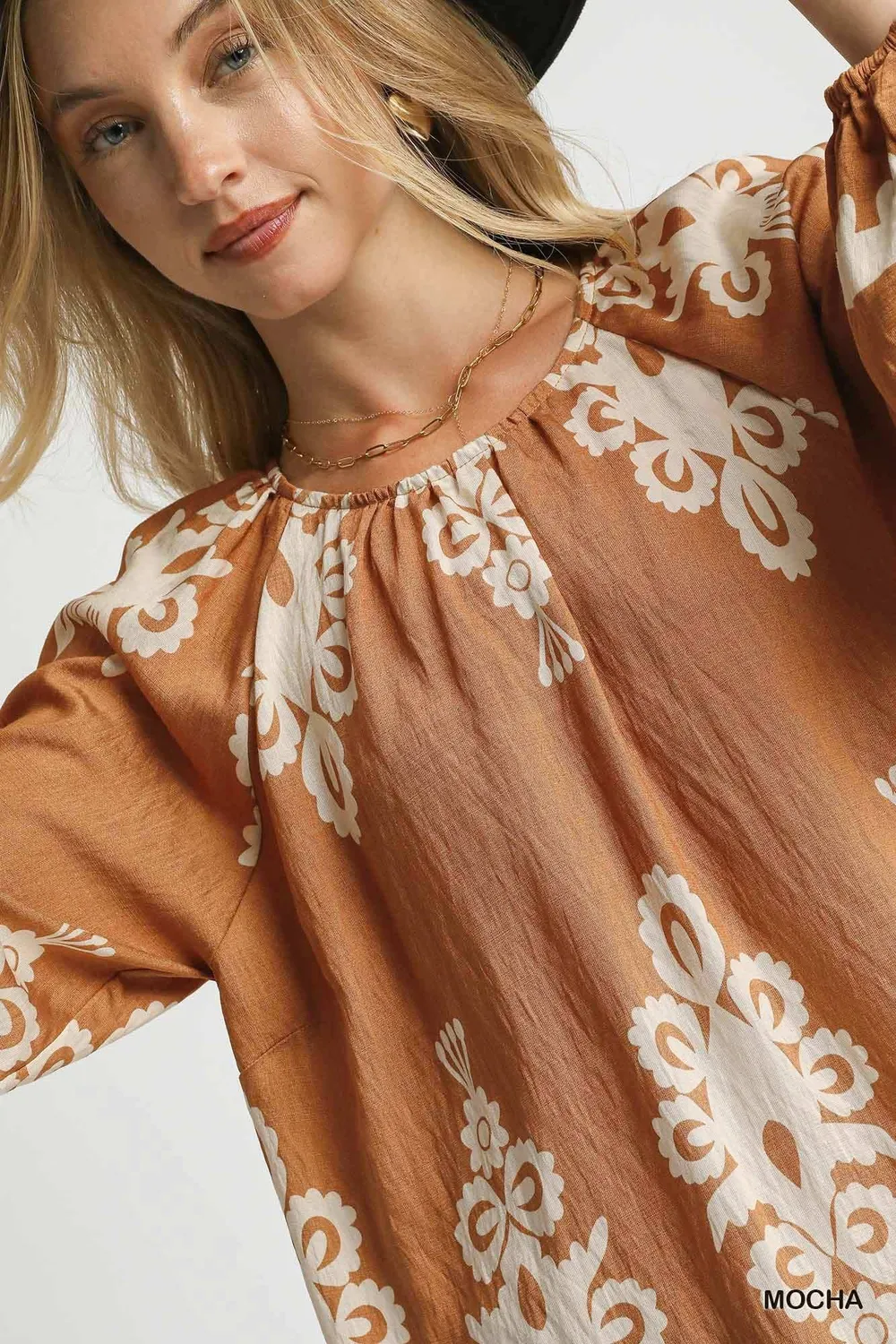 Full Size Two Tone Border Print Top with Balloon Sleeves Plus Size, image 3
