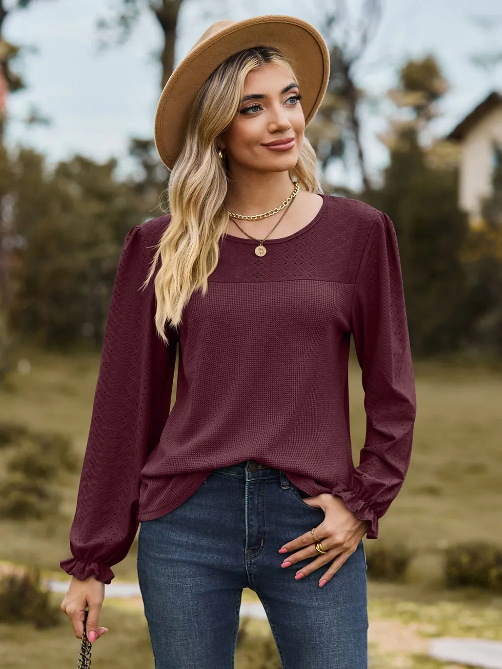 Round Neck Flounce Sleeve Top, image 7