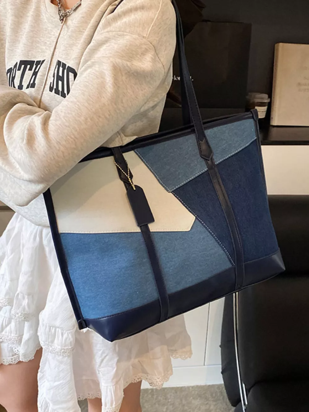 Color Block Denim Shoulder Bag, image 5