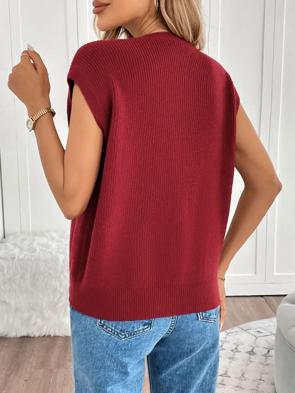 Pocketed Round Neck Cap Sleeve Cardigan, image 2