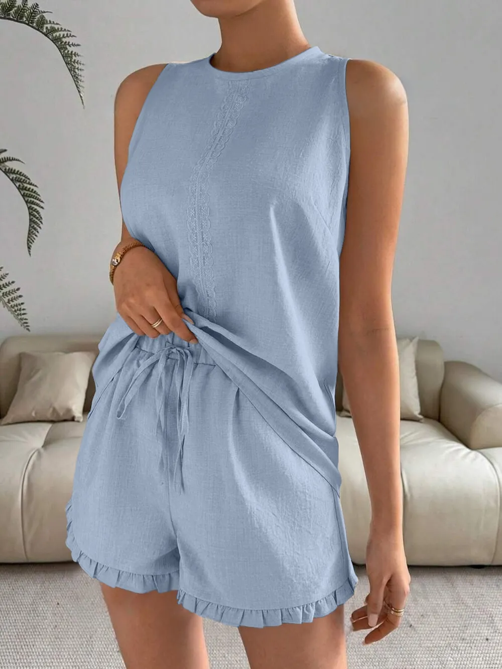 Lace Detail Round Neck Tank and Shorts Set, image 5