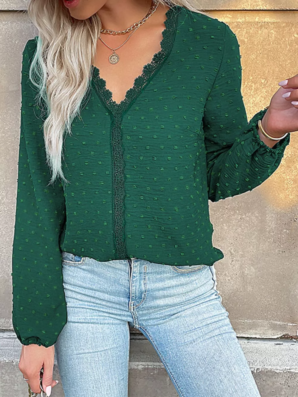 Lace Detail V-Neck Long Sleeve Blouse, image 5