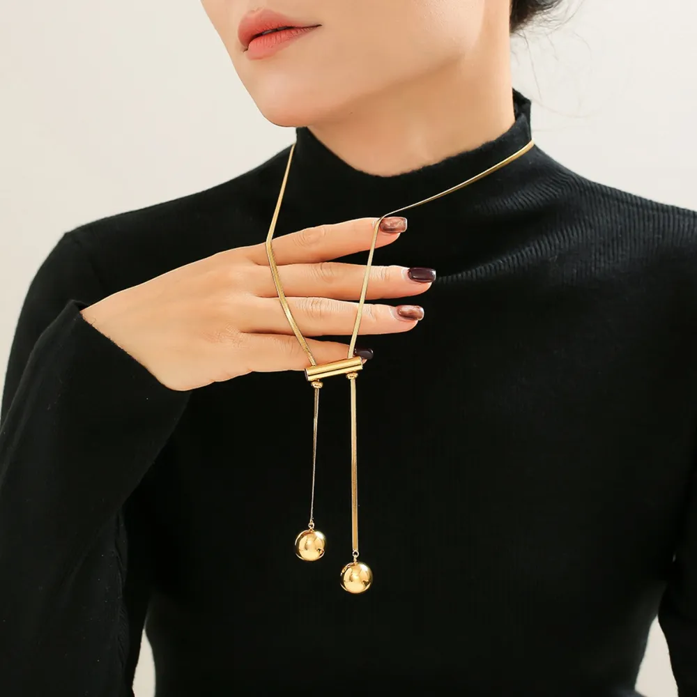 18K Gold-Plated Titanium Steel Hollow Bead Necklace, image 2