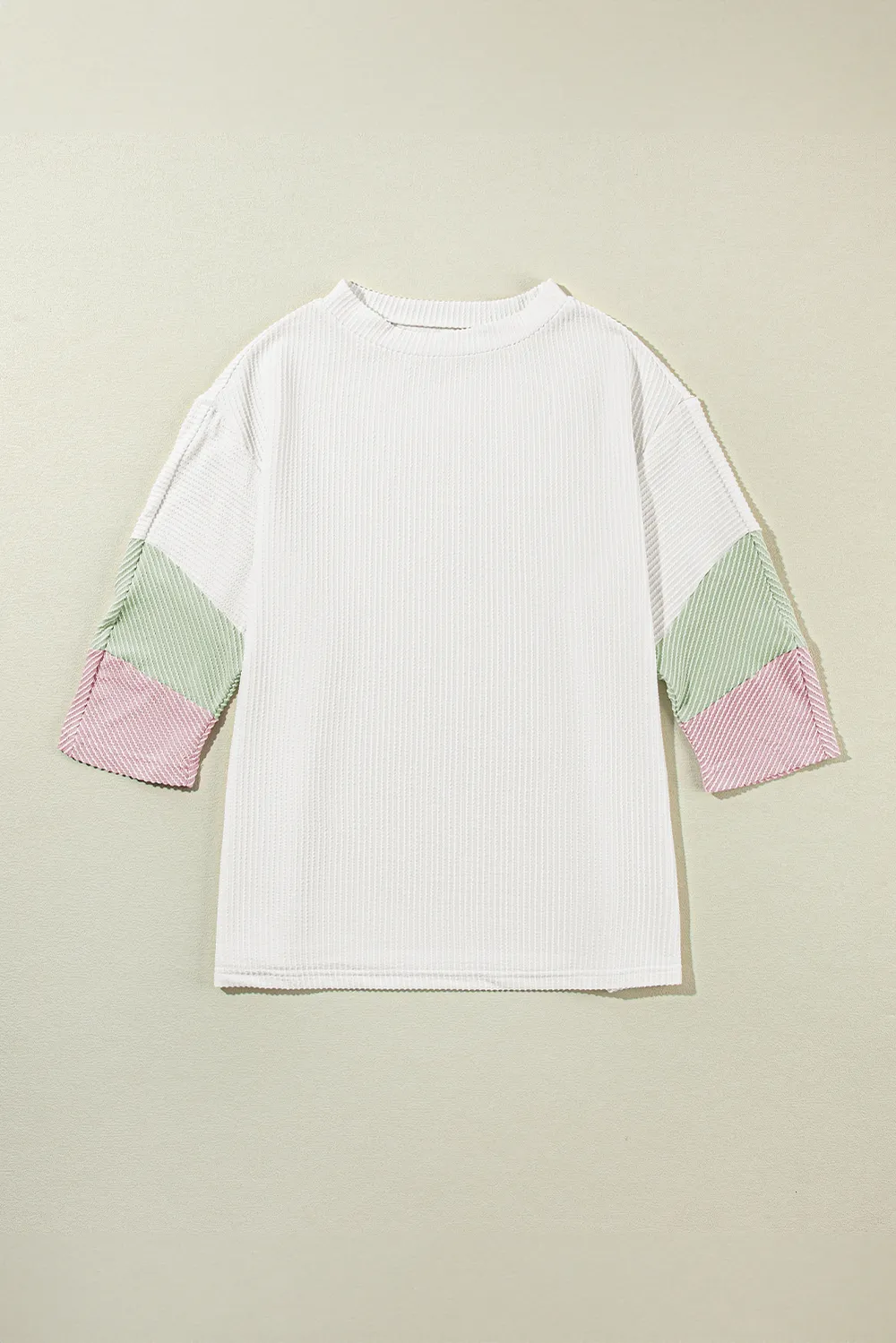 Color Block Ribbed Knit Three-Quarter Sleeve Top, image 3
