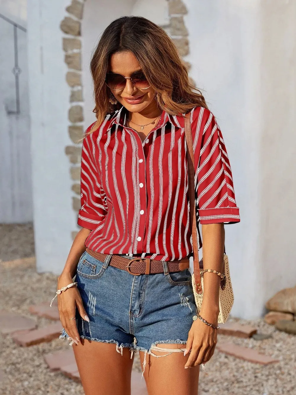 Striped Collared Neck Half Sleeve Shirt, image 7
