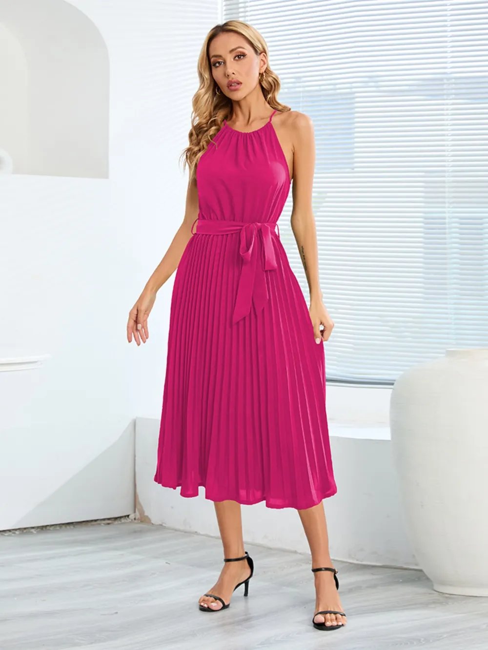 Pleated Spaghetti Strap Tie Waist Midi Dress, image 28