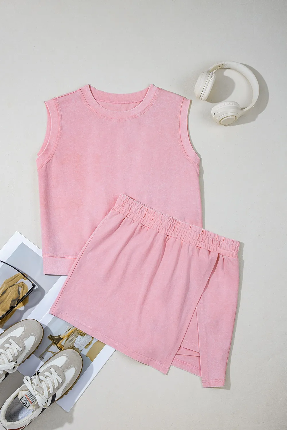 Mineral Wash Cotton Tank Top and Slit Skort Set, image 7
