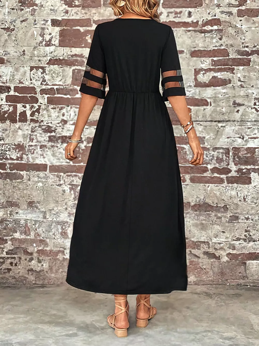 Plus Size Mesh Sleeve Round Neck Dress with Pockets, image 3