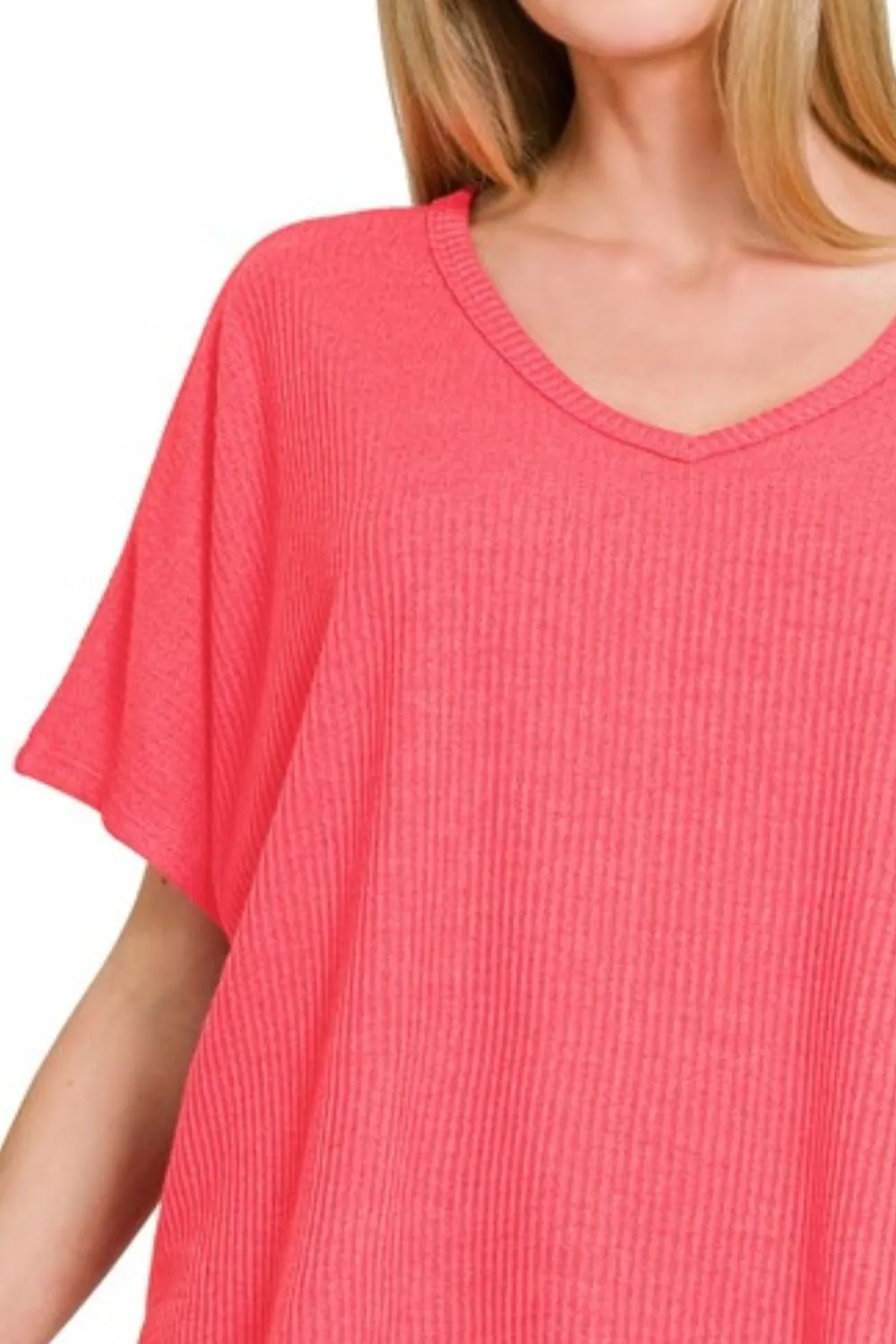 Ribbed V-Neck Short-Sleeve Knit Top, image 2