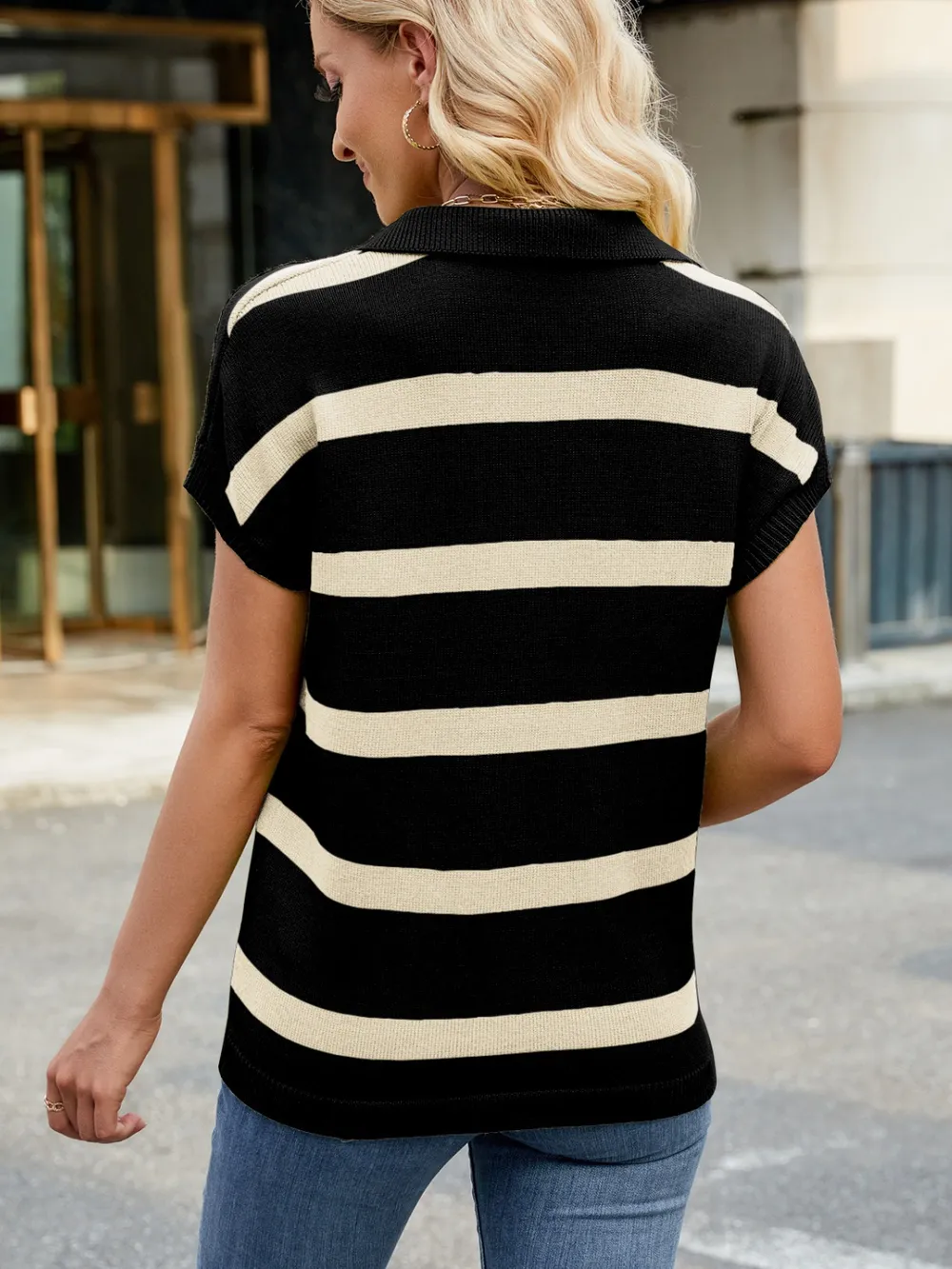 Striped Johnny Collar Cap Sleeve Sweater, image 4