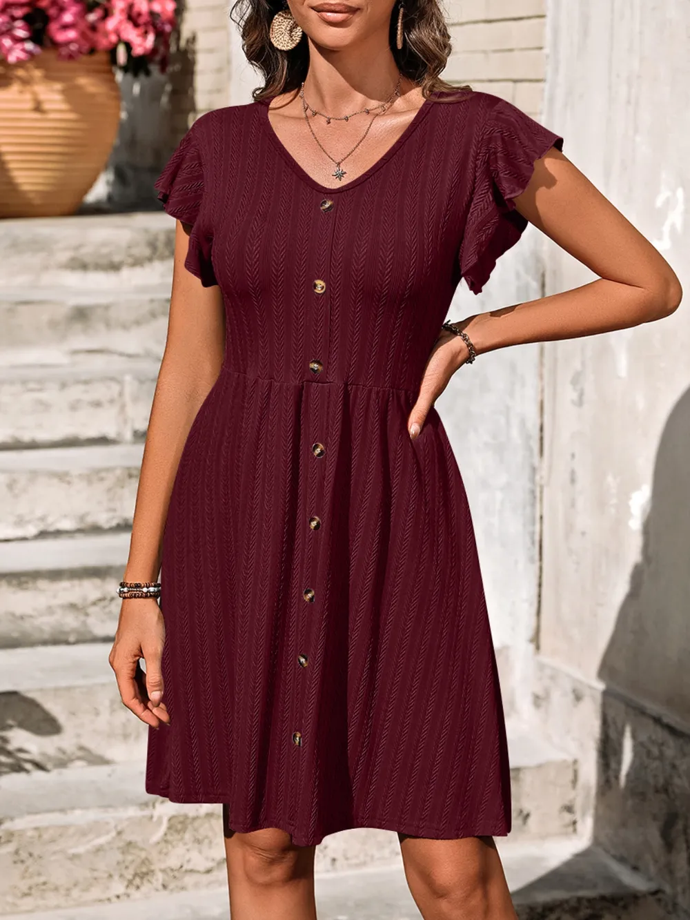 V-Neck Ruffled Cap Sleeve Dress, image 25