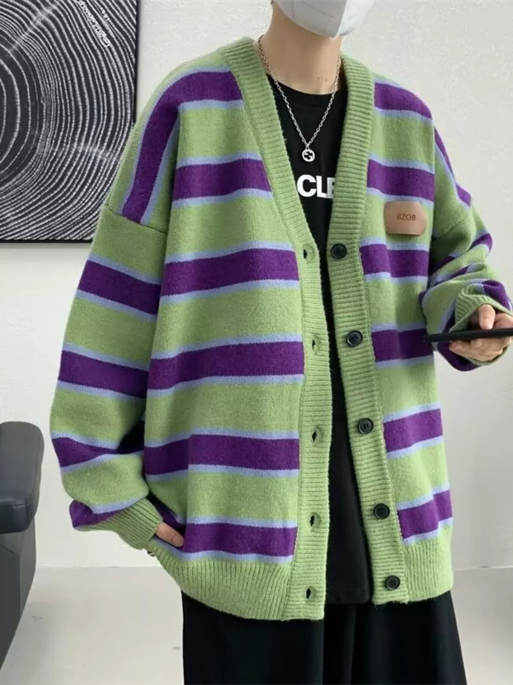 Men's Striped V-Neck Knitted Cardigan, image 4