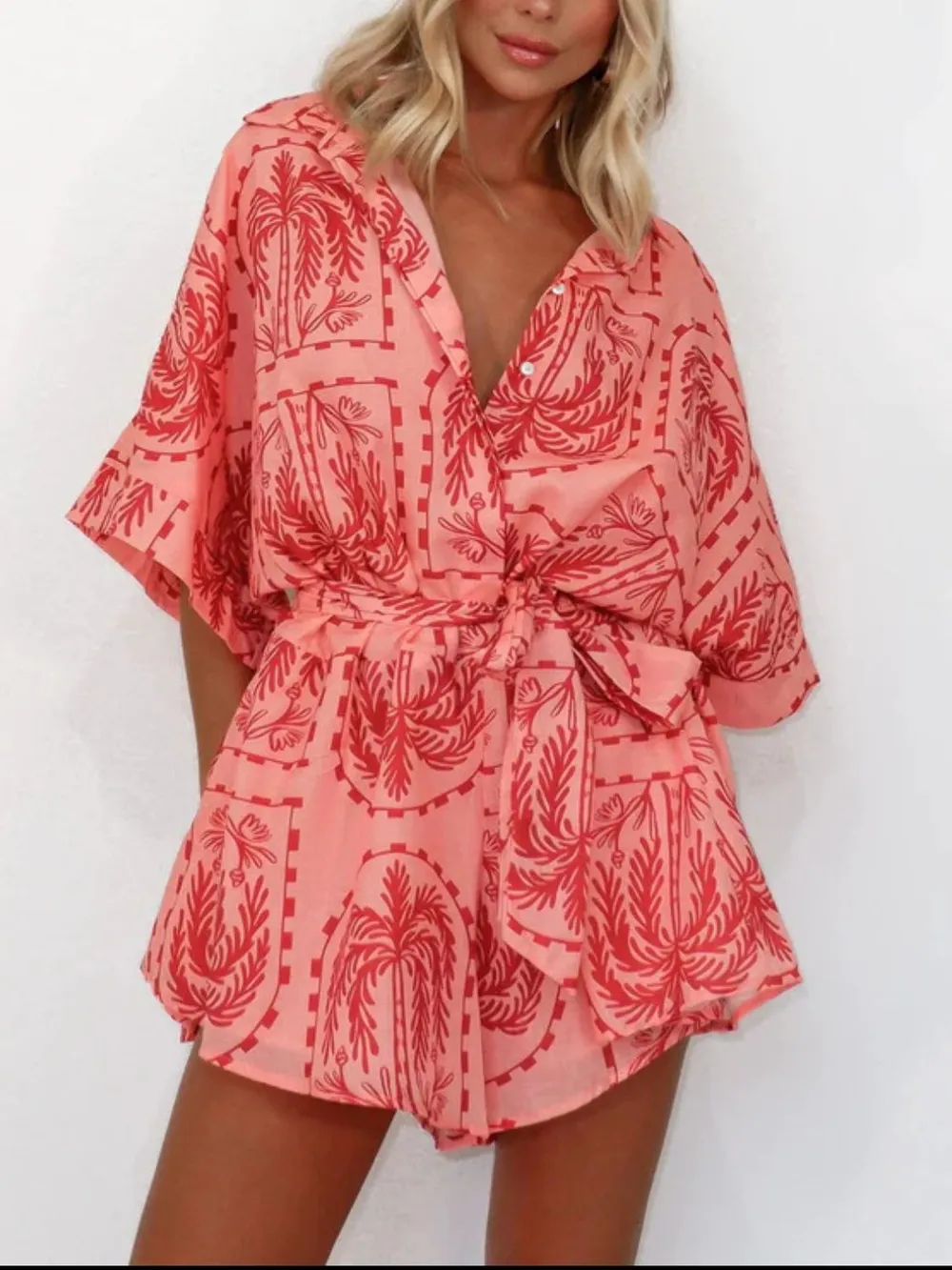 Printed Tie Waist Half Sleeve Romper, image 7