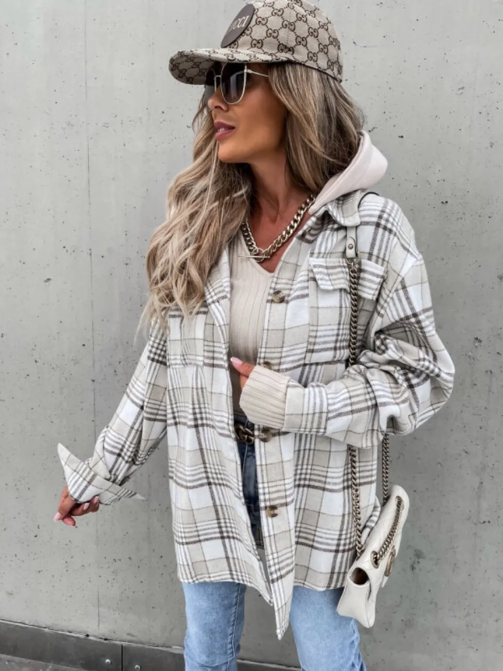 Plaid Dropped Shoulder Hooded Jacket, image 5
