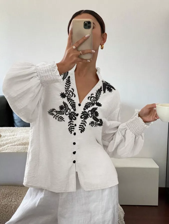 Embroidered Notched Long Sleeve Blouse, image 12