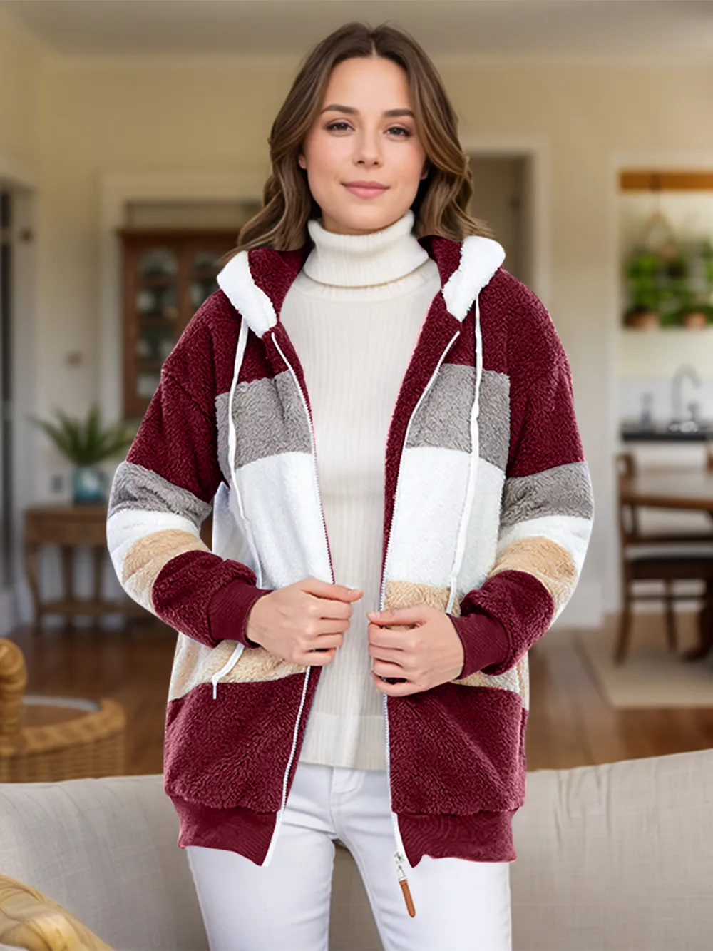 Full Size Drawstring Color Block Zip Up Hooded Outerwear, image 29