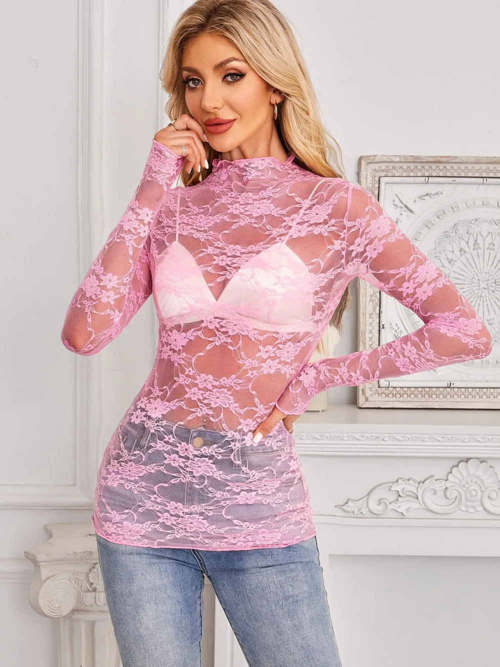 Mock Neck Long Sleeve Lace Sheer Top, image 7