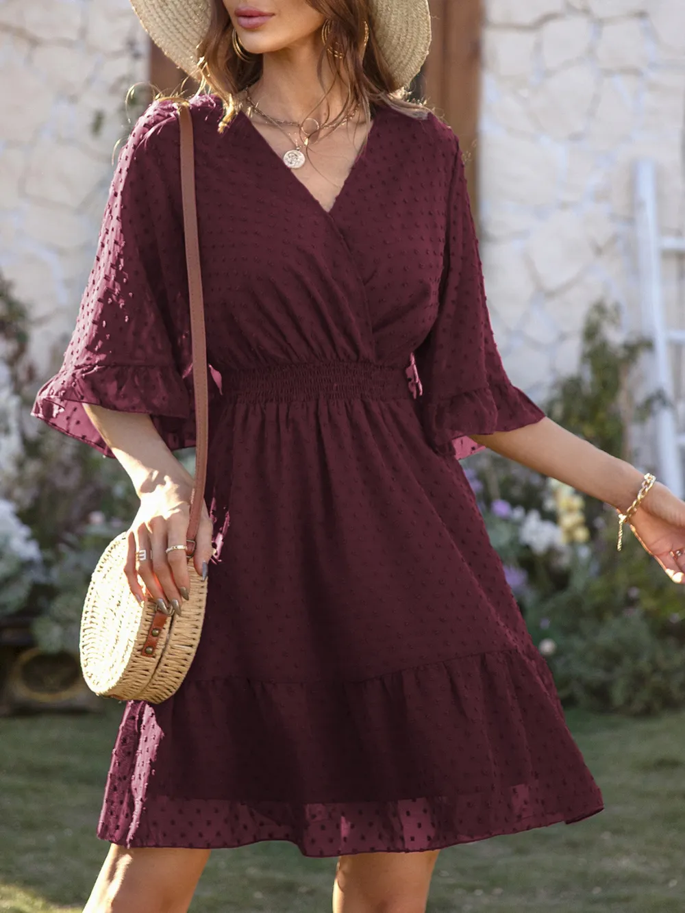Swiss Dot Flare Sleeve Wrap Mini Dress, image 13