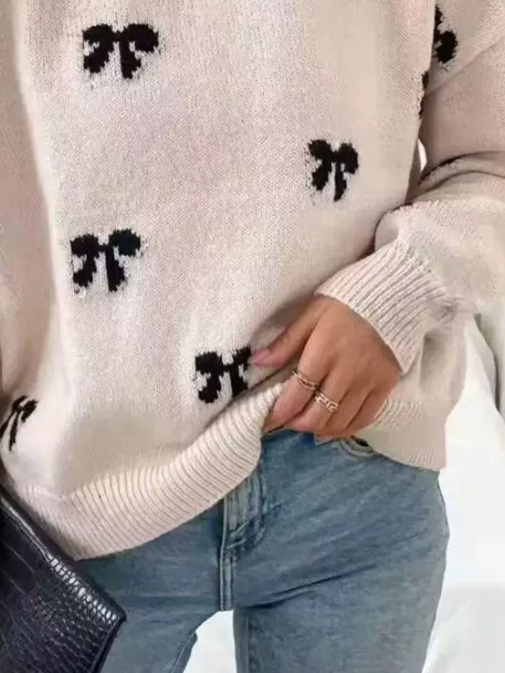Bow Round Neck Dropped Shoulder Sweater, image 6
