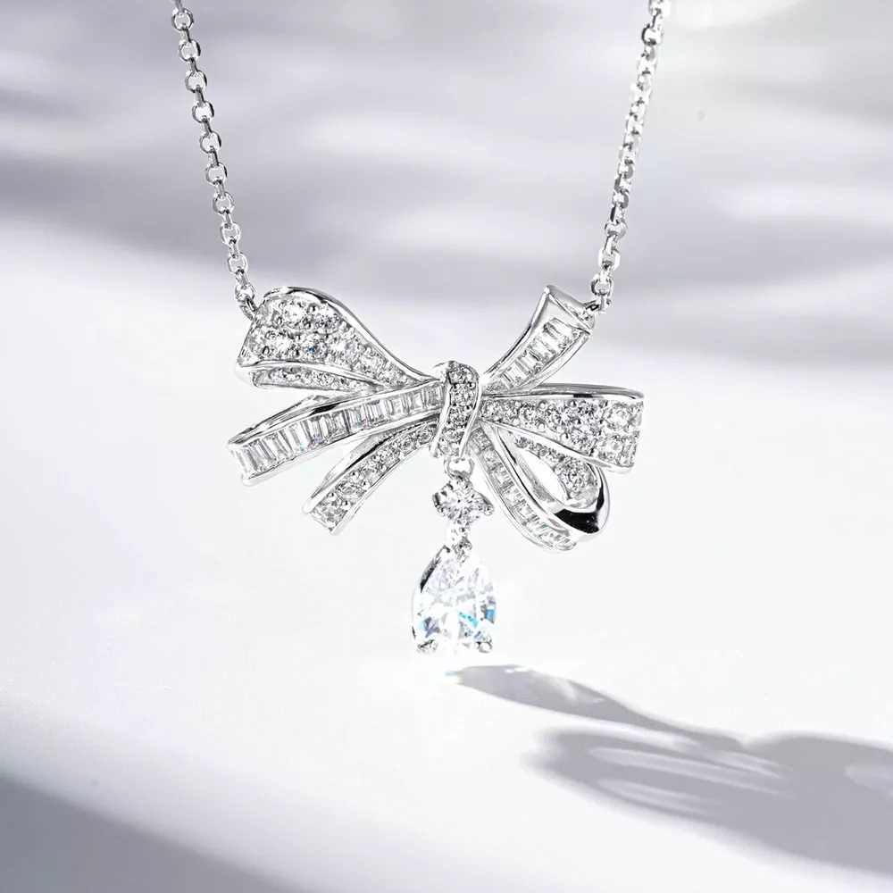 925 Sterling Silver Zircon Bow Teardrop Necklace, image 5