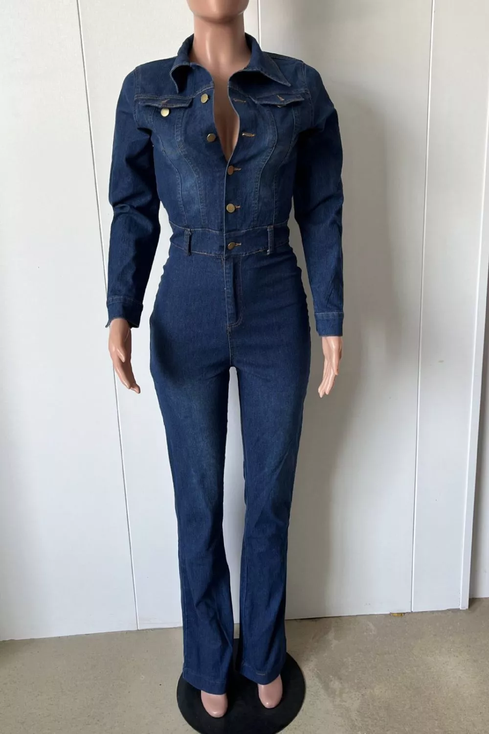 Slim-Fit Long Sleeve Denim Jumpsuit with Flared Legs, image 5