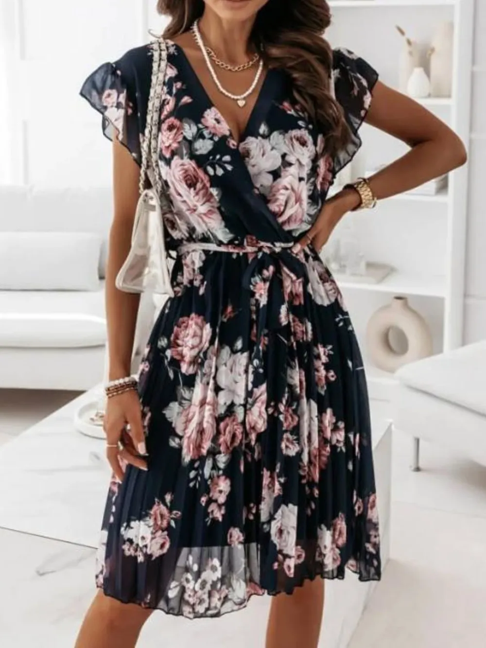 Floral Surplice Ruffled Cap Sleeve Dress, image 6