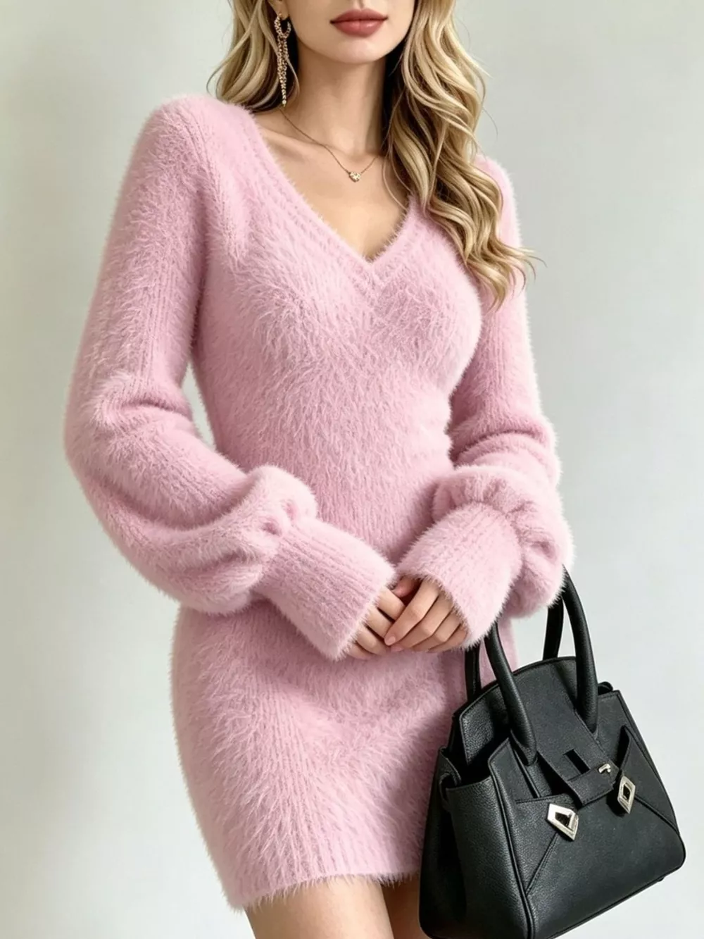 Fuzzy V-Neck Long Sleeve Sweater Dress, image 3