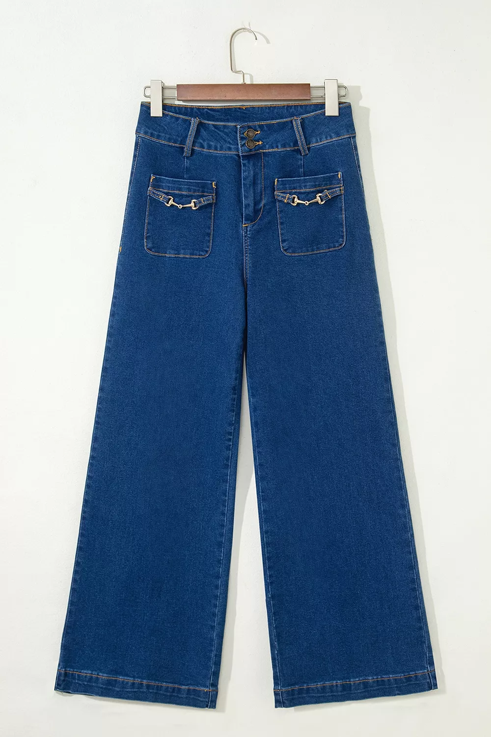 Hardware Decor Patched Pockets Wide Leg Jeans, image 3