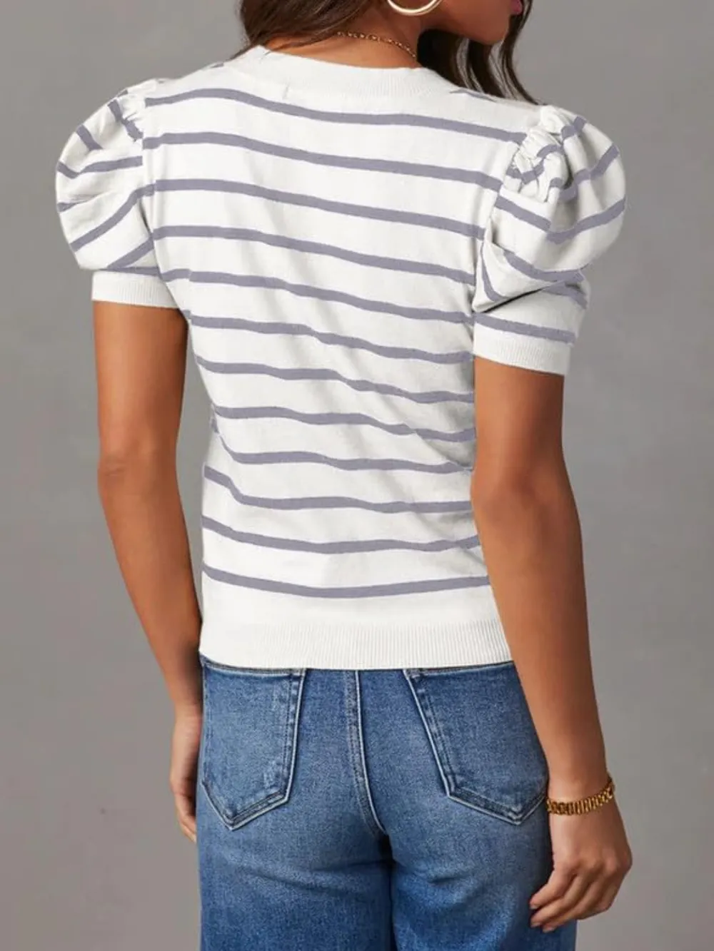 Striped Round Neck Puff Sleeve Knit Top, image 11