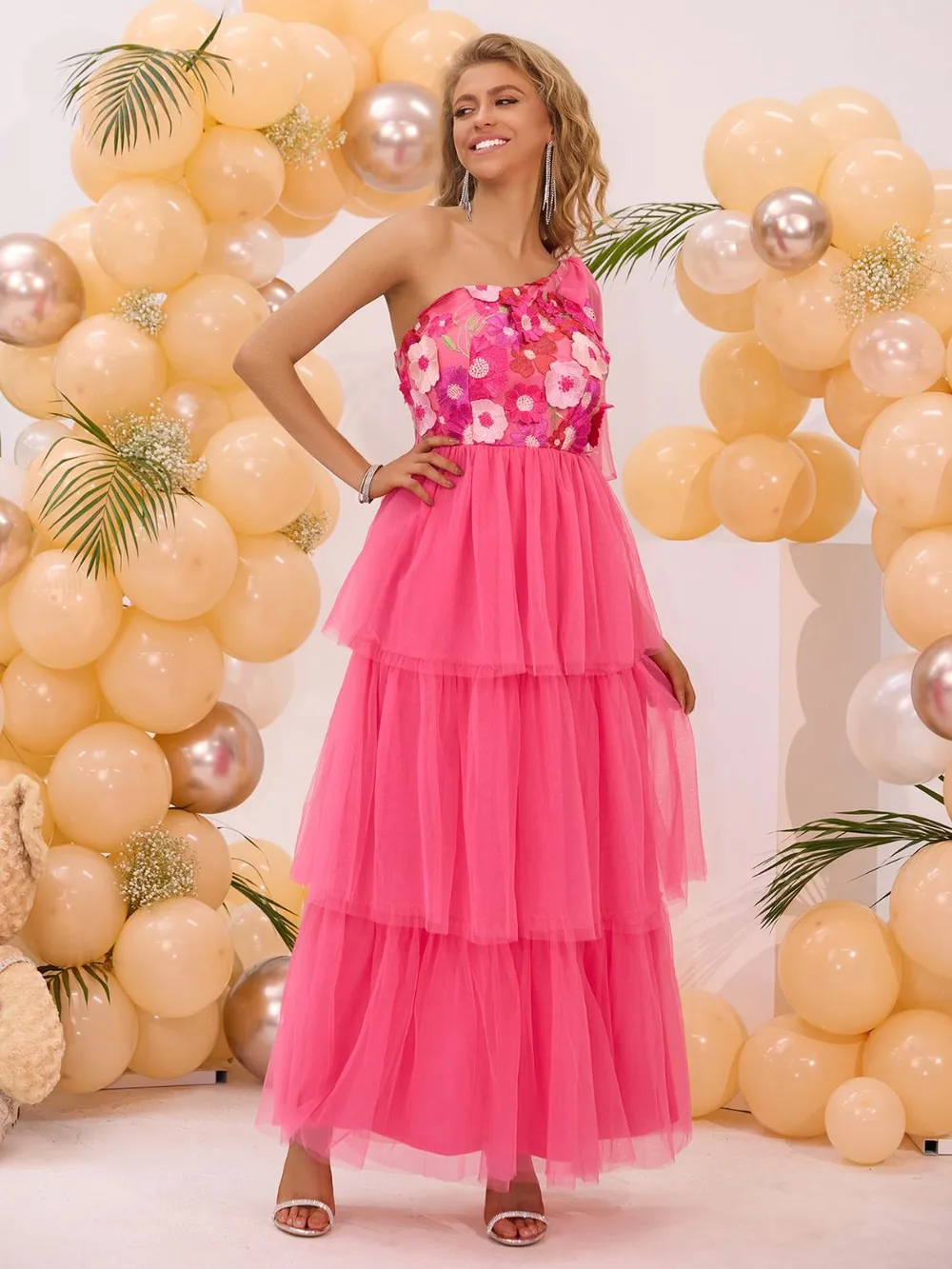 Embroidered Layered Single Shoulder Midi Dress, image 2