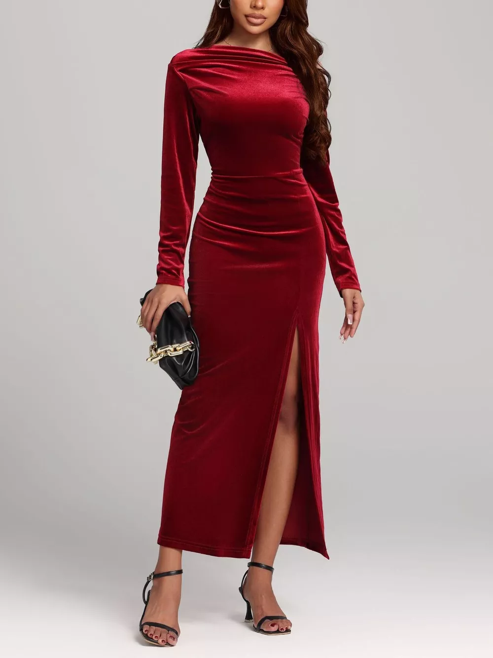 Ruched Velvet Long Sleeve Slit Dress