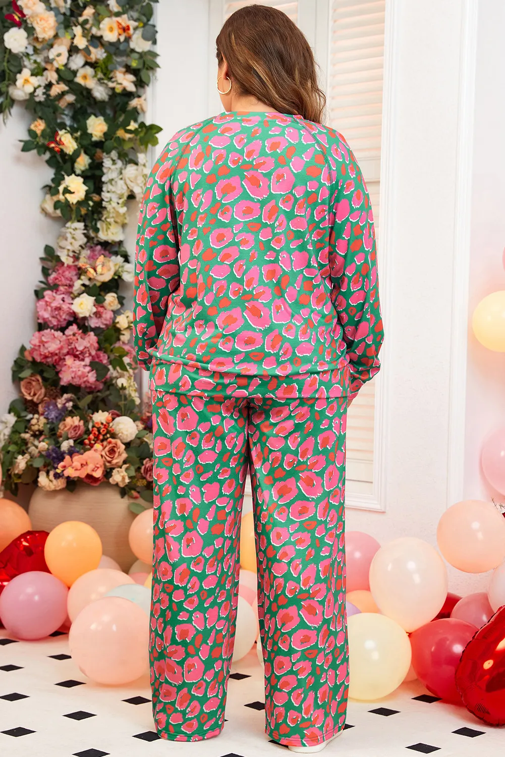 Plus Size Printed Round Neck Long Sleeve Top and Pants Set, image 2