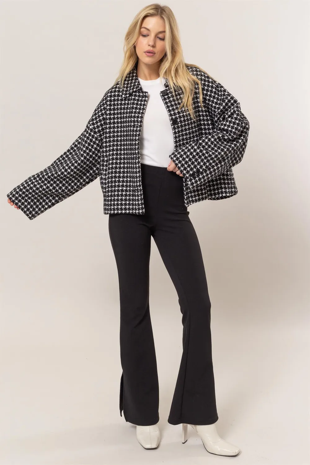Tweed Plaid Button Up Collared Neck Jacket, image 4