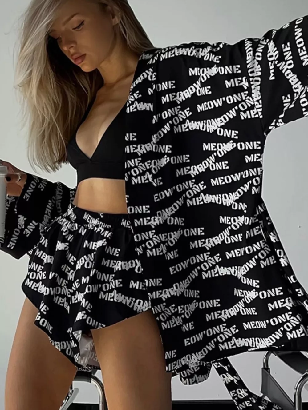 Geometric Cat Print Cardigan and Shorts Lounge Set, image 6