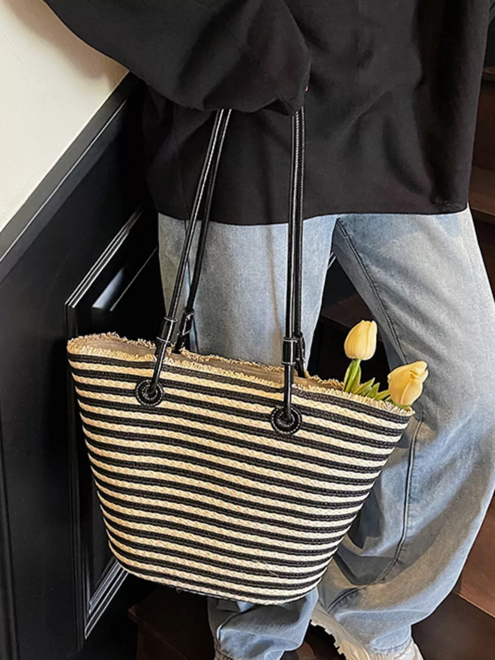 Striped Woven Straw Shoulder Bag, image 9
