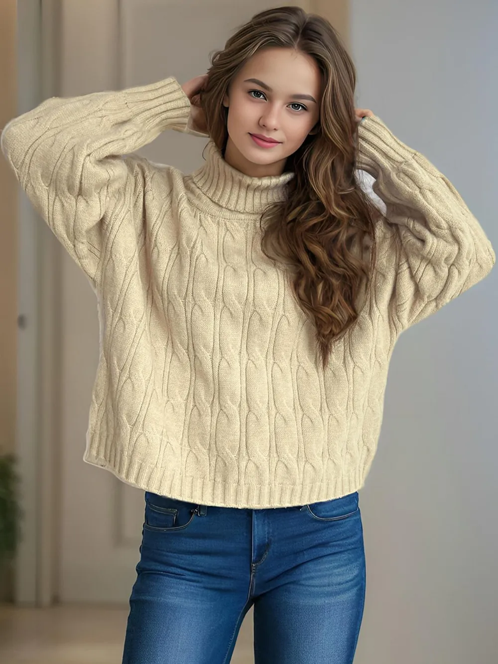 Cable-Knit Turtleneck Long Sleeve Sweater, image 16