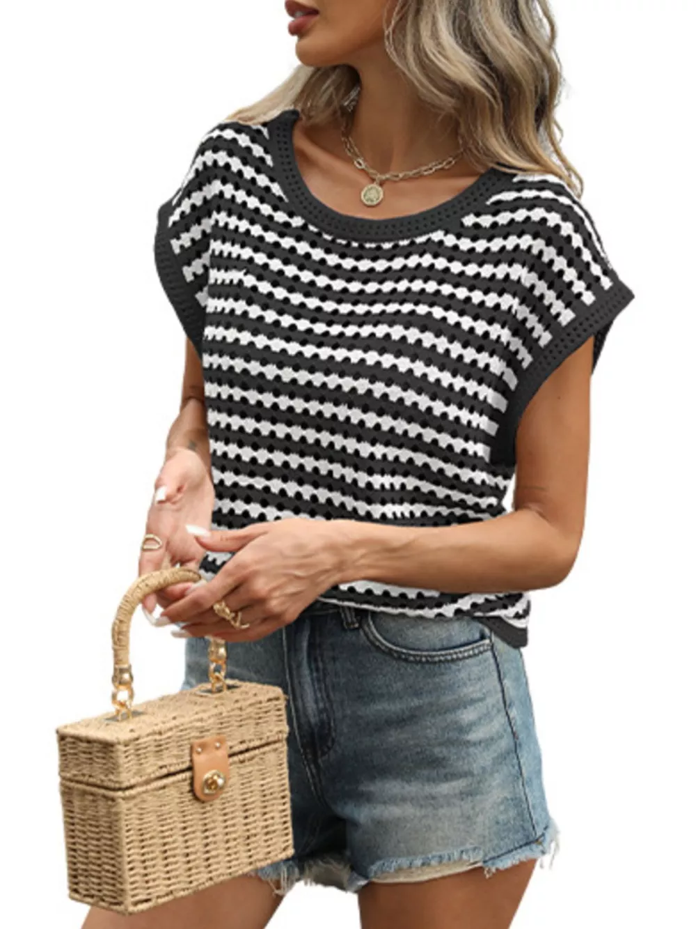 Striped Hollow Out Knit Top, image 7