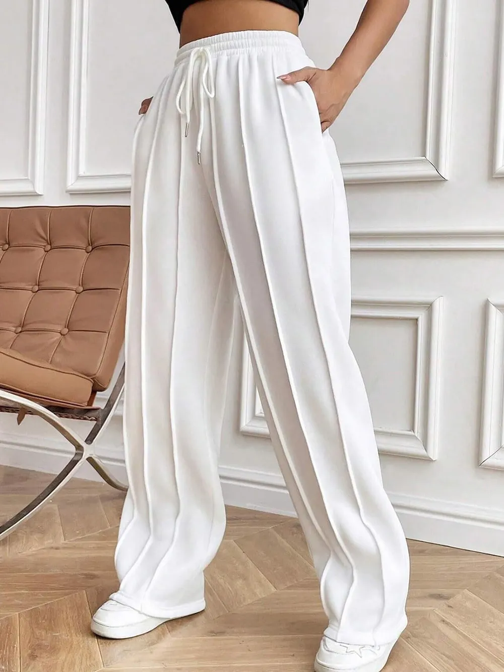 Drawstring Elastic Waist Pants with Pockets, image 3