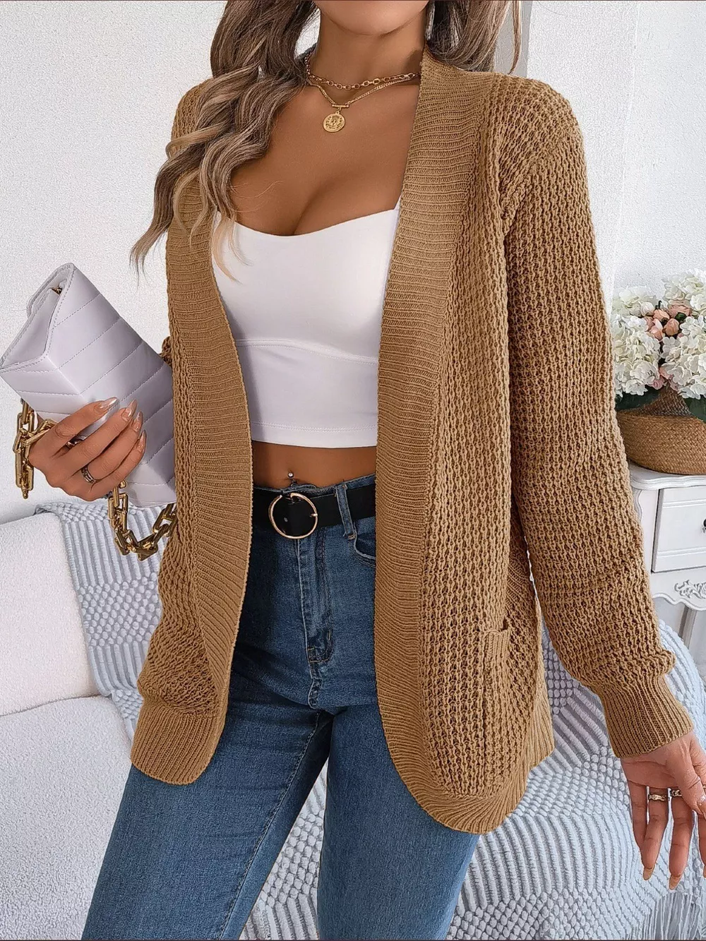 Chunky Knit Open Front Cardigan with Pockets, image 9