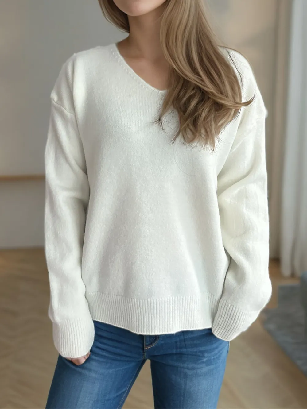V-Neck Dropped Shoulder Long Sleeve Sweater, image 2